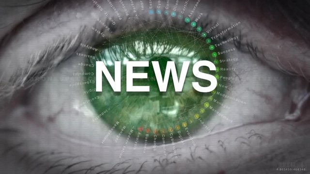 Close up of an eye focusing on a News concept on a futuristic screen.