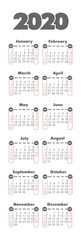 Vector calendar 2020 year. Week starts from Sunday