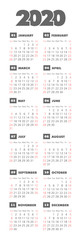 Vector calendar 2020 year. Week starts from Sunday