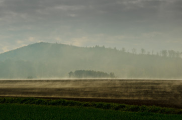 Morgendliche Nebelschwaden steigen aus Feldern auf und lösen sich in der  Morgensonne auf © Brinja
