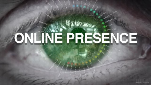 Close up of an eye focusing on an Online Presence concept on a futuristic screen.