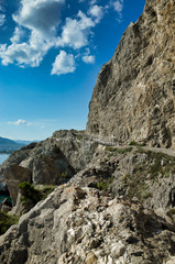 Wooden bridge along the mountain path near the Black Sea. Cape Alchak, Republic of Crimea