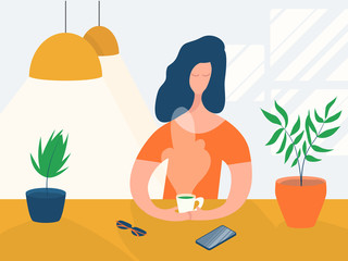 Cartoon character girl drinking hot tea coffee sitting at a table in a cafe. Concept relaxing woman in a modern interior with lamps and plants