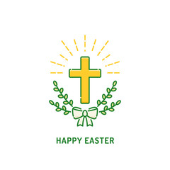 Happy Easter greeting card. Christian cross with willow. Religion holiday logo