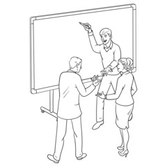 Two businessmen and a woman discuss and write something on a blackboard at a workshop. Character, scribble, outline, comic, ink, sketch, doodle, vector, illustration, line, cartoon, black, white