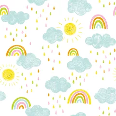 Fototapete Wolken Doodle Kindermuster mit Wolken, Regentropfen und Regenbogen. Netter handgezeichneter nahtloser Hintergrund in Blau, Rosa, Gelb und Orange.