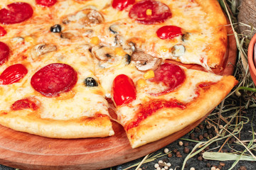 National pizza with salami, tomatoes, mushrooms, mozzarella cheese and Georgian corn. National cuisine