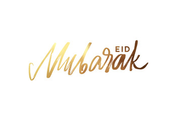 Eid mubarak. Text golden handwritten calligraphy. Lettering isolated on white background