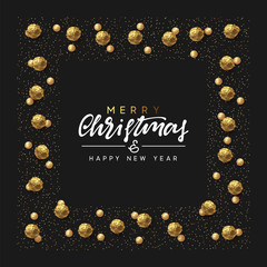 Christmas background with round chocolate candy, bead pearls, bright golden glitter. Handwritten text Merry Christmas and Happy New Year. Xmas greeting card, banner, web poster. Vector illustration.