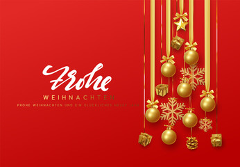 Fototapeta na wymiar German text Frohe Weihnachten. Merry Christmas and Happy New Year. Golden christmas balls hanging design on the ribbon, gold gift and bright snowflakes in the shape of pine tree.
