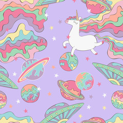 Unicorn and space. Planets, stars, flying saucer. Seamless vector pattern (background). Cartoon print.