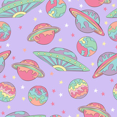 Planets and flying saucer. Space. Seamless vector pattern (background). Cartoon print. 