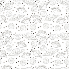 Planets and flying saucer. Space. Seamless vector pattern (background). Cartoon print. 