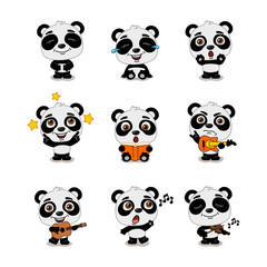 Obraz premium Collection of cute Panda bears in cartoon style in different poses and with musical instruments isolated on white background