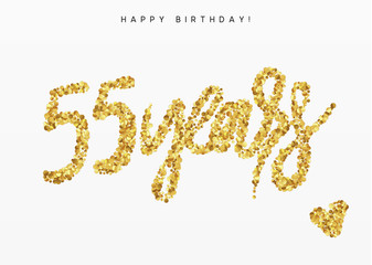 Fifty-five years, Number 55, lettering sign from golden confetti