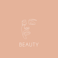 Continuous line, drawing of beauty woman face, fashion concept, woman beauty minimalist, vector illustration print on beige background. One line fashion illustration with inscription beauty