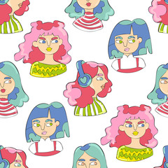Young woman. Beautiful girl. Cartoon people. Seamless vector pattern (background).
