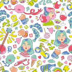 Girl, guitar, coffee cups, sweets and fish. Doodles. Seamless vector pattern (background). Cartoon print.