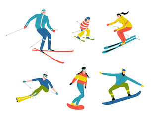 Fototapeta na wymiar Skiers and snowboarders, cute doodle people. Funny cartoon men, women and child in the ski resort. Winter mountain sports activity. Hand drawn vector flat illustration, isolated on white.