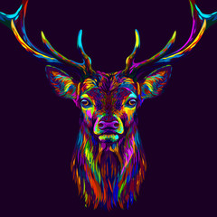 Plakaty  Jeleń. Abstrakcyjny, neonowy, wielobarwny portret głowy jelenia na ciemnofioletowym tle.