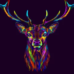 Reh. Abstraktes, mehrfarbiges Neonporträt eines Hirschkopfes auf dunkelviolettem Hintergrund. © AnastasiaOsipova