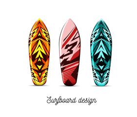 Set of designs for surfer boards on a white background. Vector illustration. Hawaiian style