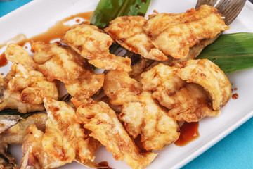  Nuggets fried in sea fish oil with bamboo according to the Georgian recipe. Mediterranean cuisine