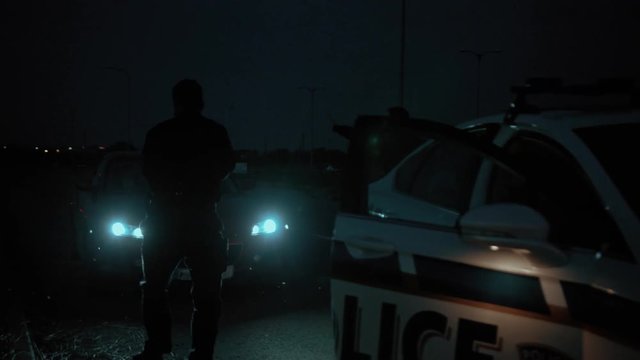 Police Raid At Night. View Of Hurrying Skillful Cops Ull Over Get Out Of Car Arrest The Drunk Couple On Roadside. Young Man And Woman On Sports Car Hood Handcuffed By The Policemen.