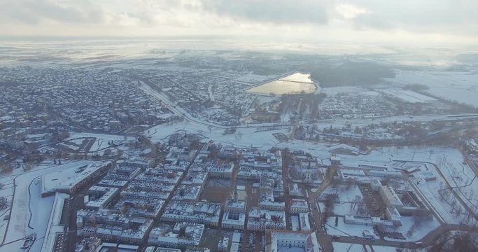 Winter aerial drone view of small town in 4K
