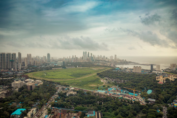 Aerial view of Mahalaxmi Race Course along with skyscrapers in Mumbai, India