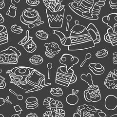 Breakfast. Food and drink. Coffee and tea. Bakery products. Fruits. Seamless vector pattern (background, print).