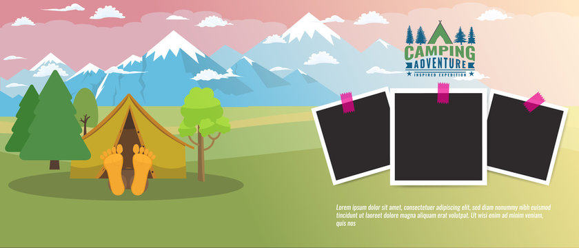Camping concept flat horizontal banner. Tourism advertisement layout with photo frames. Vector illustration