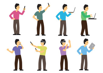 Fototapeta premium Set of man interacting with the technology with laptop; virtual reality; phones and tablet; Concept of digital future intelligent.