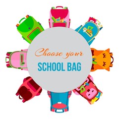 Colored school backpacks in circle vector illustration. Backpacks with school supplies, notebooks, pencils, pens, rulers. Education and study back to school, schoolbag luggage, rucksack.