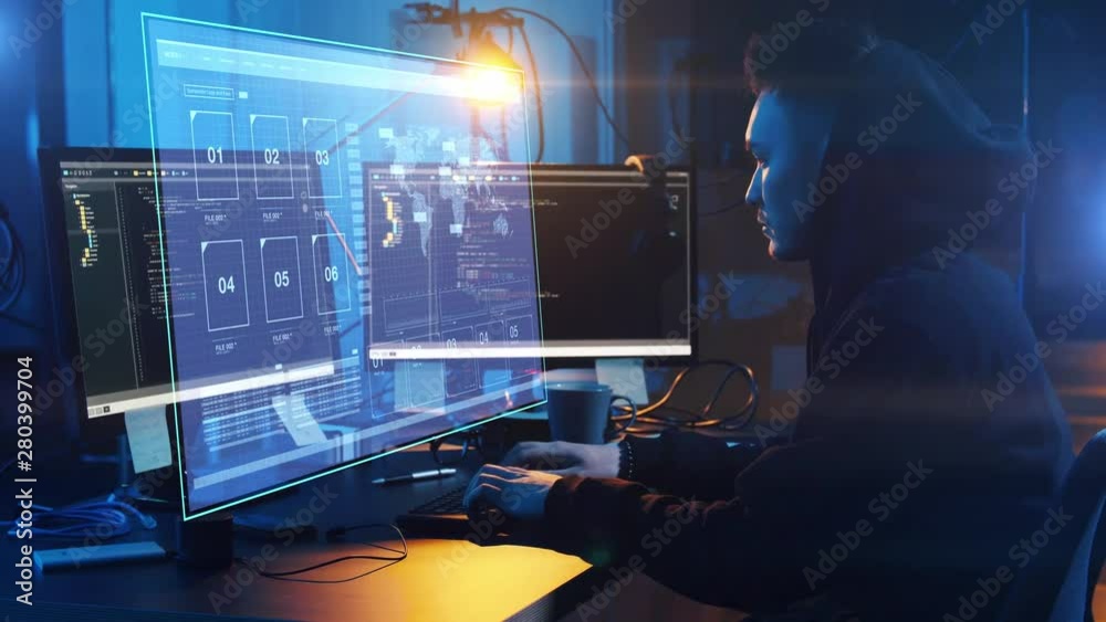 Poster cybercrime, hacking and technology concept - asian male hacker in dark room writing code or using co