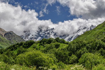 Georgia, Svaneti, Trek from Ushguli to Shkhara glacier. Beautiful view of valley, multi-colored ,Nature and travel.