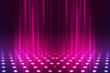 Empty background scene. Dark reflection of the street on the wet asphalt. Rays of blue and pink neon light in the dark, neon figures, smoke. Background of empty stage show. Abstract dark background.