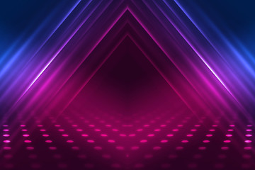 Fototapeta premium Empty background scene. Dark reflection of the street on the wet asphalt. Rays of blue and pink neon light in the dark, neon figures, smoke. Background of empty stage show. Abstract dark background.