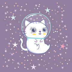 Funny cats astronauts in space, vector illustration. Cat as a cosmonaut, space suit, funny futuristic poster with lettering , design for kids