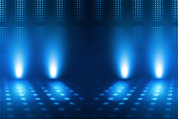 Empty background scene. Dark street reflection on wet asphalt. Rays of neon light in the dark, neon figures, smoke. Background of empty stage show. Abstract dark background.