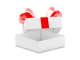 Gift box decorated with ribbon. Open empty container with red bow