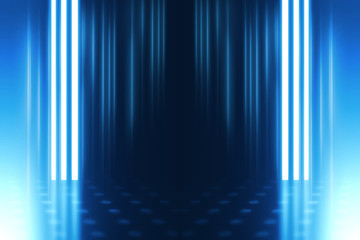 Fototapeta premium Empty background scene. Dark street reflection on wet asphalt. Rays of neon light in the dark, neon figures, smoke. Background of empty stage show. Abstract dark background.