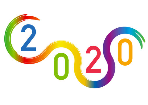 Carte de vœux au graphisme original pour présenter l’année 2020. Elle montre une succession de courbes aux couleurs de l’arc en ciel. 