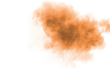 Freeze motion of brown powder exploding. Abstract design of color powder cloud against white background.