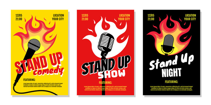 Stand up club comedy night live show A3 A4 poster design templates. Retro mike with fire on yellow red black background. Hot jokes roasting concept flyer. Vector open mic illustration
