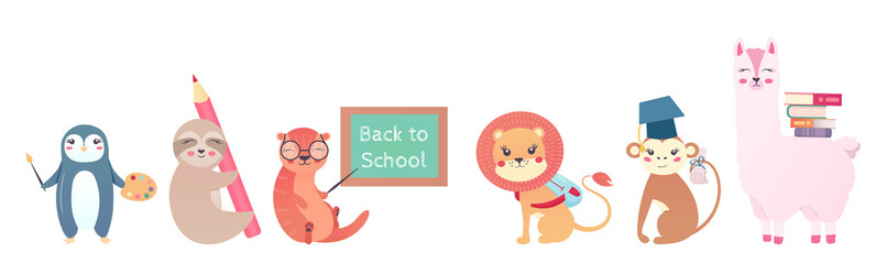 Set back to school Animals hand drawn style, education theme. Cute characters.  Vector illustration penguin, sloth, beaver, lion, monkey, lama