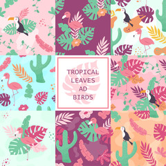 Fototapeta na wymiar Set Tropical seamless pattern with toucan, flamingos, cactuses and exotic leaves. Vector illustration print