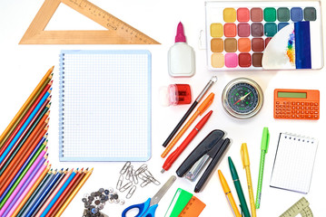 School supplies on a white background, stationery for students.