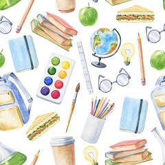 Fototapeta premium Watercolor school seamless pattern, repeating background. Education hand drawn illustration.