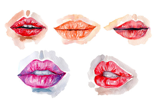 Watercolor lips set isolated on white background. Fashion hand painted illustration.    
